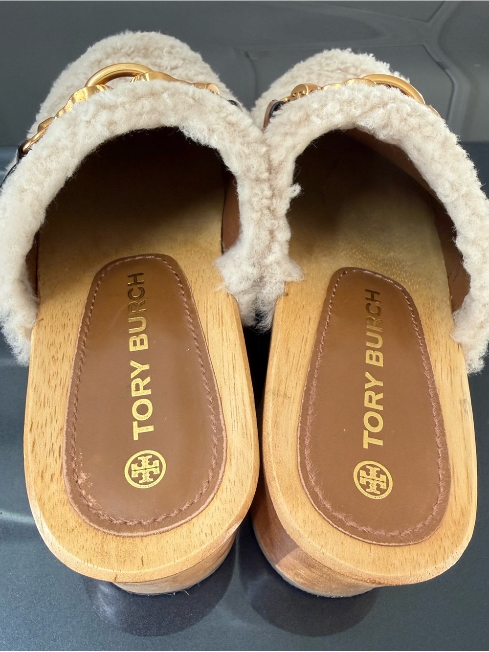 Tory Burch Shearling/Veg Leather Clog with Gold Hardware. Shoe box included. - Picture 2 of 5